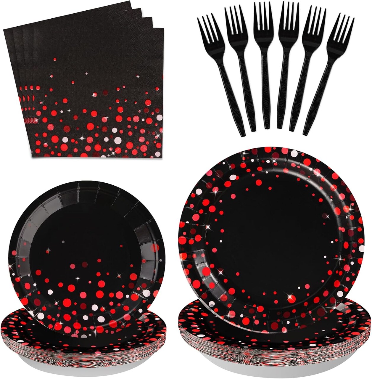 96Pcs Black and Red Party Supplies Red Dot on Black Party Plates and Napkins Disposable 350GSM Black and Red Birthday Tableware Set for Graduation Birthday Baby Shower Wedding Decorations, Serves 24